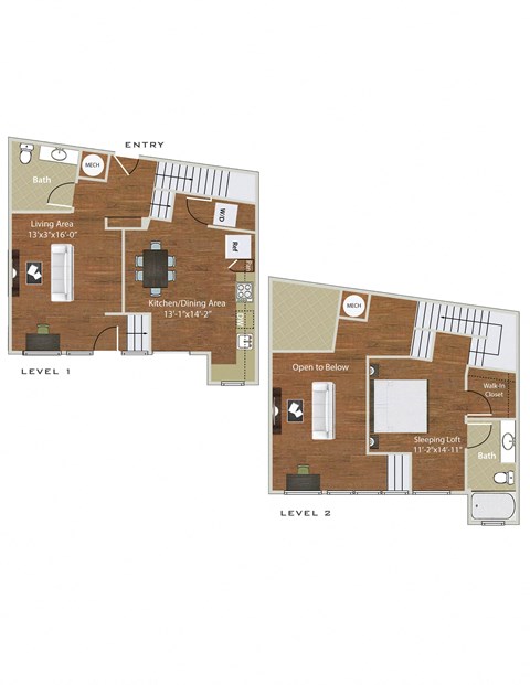 Floor plan for 1 bed, 1.5 baths, 952 sqft